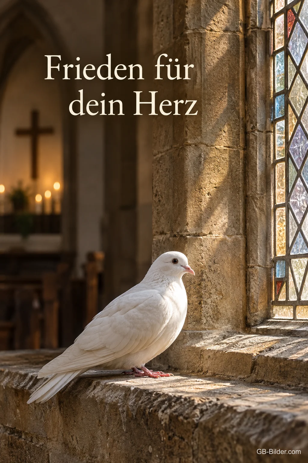Eine weiße Taube sitzt auf dem steinernen Sims eines Kirchenfensters, Text: Frieden für dein Herz