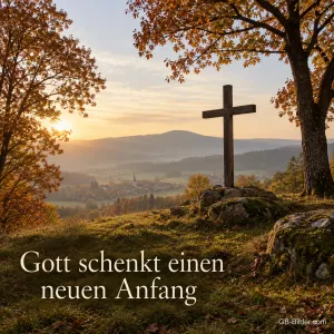 Ein Holzkreuz steht auf einem Hügel zwischen Herbstbäumen im Morgenlicht, Text: Gott schenkt einen neuen Anfang