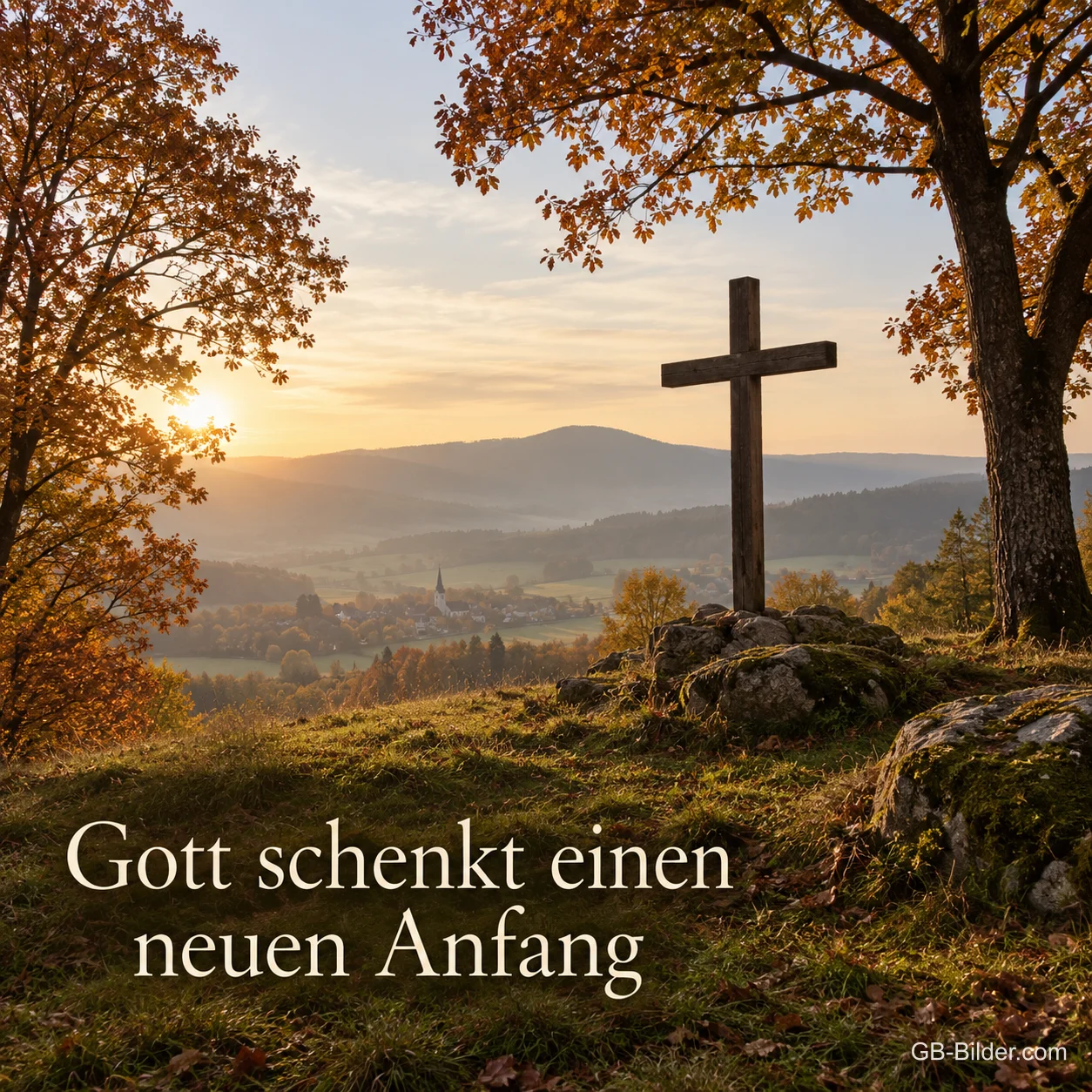 Ein Holzkreuz steht auf einem Hügel zwischen Herbstbäumen im Morgenlicht, Text: Gott schenkt einen neuen Anfang