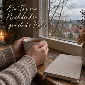 Hände halten eine Tasse Tee am Fenster, daneben liegt ein geschlossenes Notizbuch, Text: Ein Tag zum Nachdenken – genieß die Ruhe