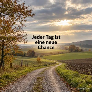 Ein Feldweg führt durch herbstliche Wiesen, die Sonne bricht durch die Wolken, Text: Jeder Tag ist eine neue Chance
