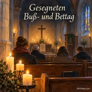 Kerzen leuchten im Kirchenschiff, einige Menschen sitzen still in den Bänken und schauen zum Altar, Text: Gesegneten Buß- und Bettag