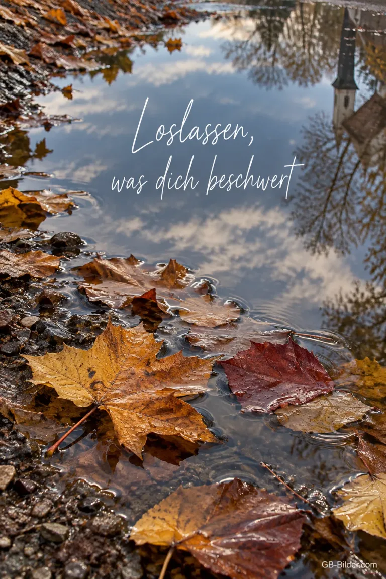Bunte Herbstblätter treiben in einer Pfütze, in der sich Himmel und Kirchturm spiegeln, Text: Loslassen, was dich beschwert