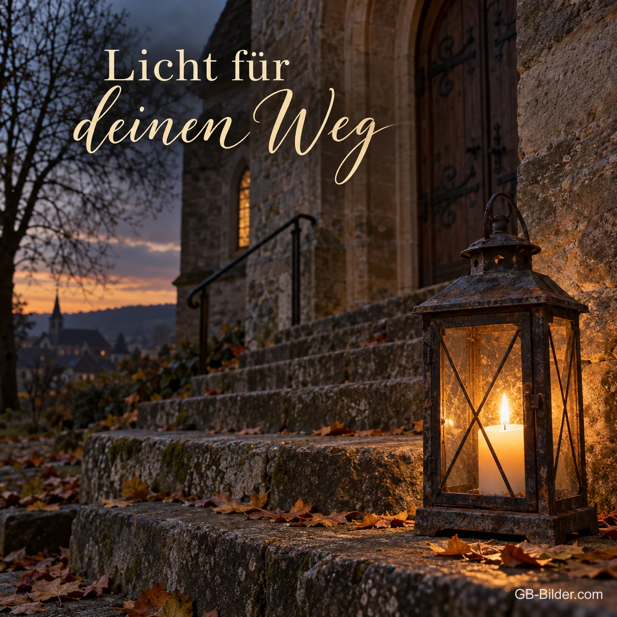 Eine Laterne steht in der Dämmerung auf den Steinstufen einer alten Kirche, Text: Licht für deinen Weg