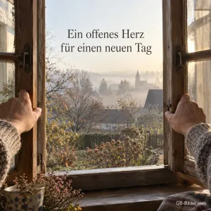 Hände öffnen ein altes Holzfenster zu einem nebligen Herbstmorgen über dem Dorf, Text: Ein offenes Herz für einen neuen Tag