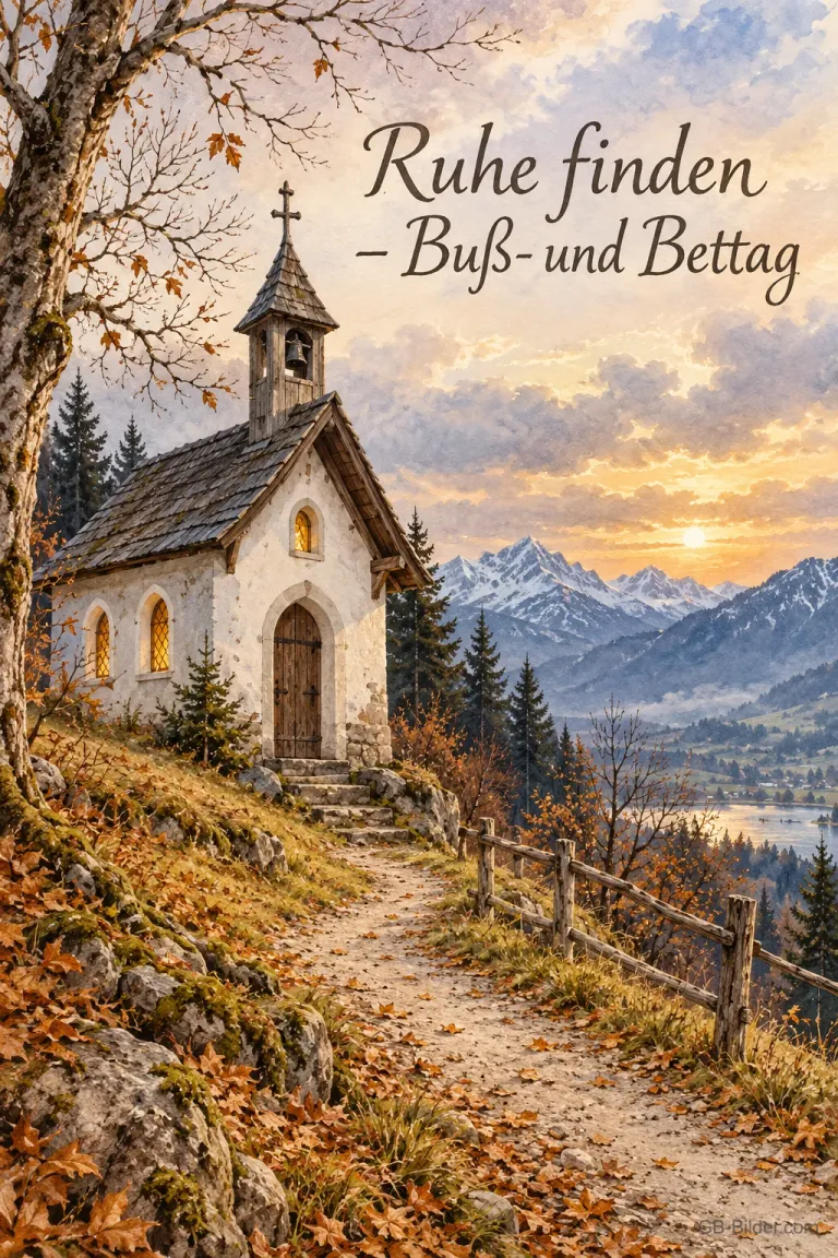 Eine kleine Kapelle steht im November vor den Gipfeln der bayerischen Alpen, Text: Ruhe finden – Buß- und Bettag