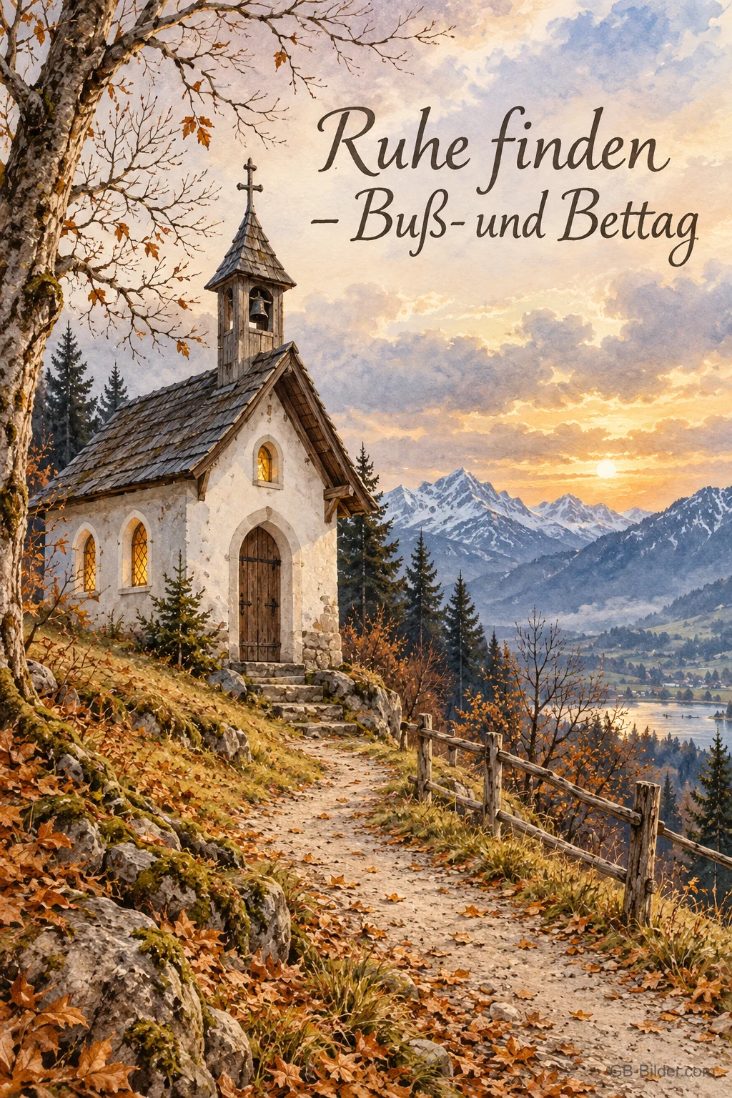 Eine kleine Kapelle steht im November vor den Gipfeln der bayerischen Alpen, Text: Ruhe finden – Buß- und Bettag Eine kleine Kapelle steht im November vor den Gipfeln der bayerischen Alpen, Text: Ruhe finden – Buß- und Bettag