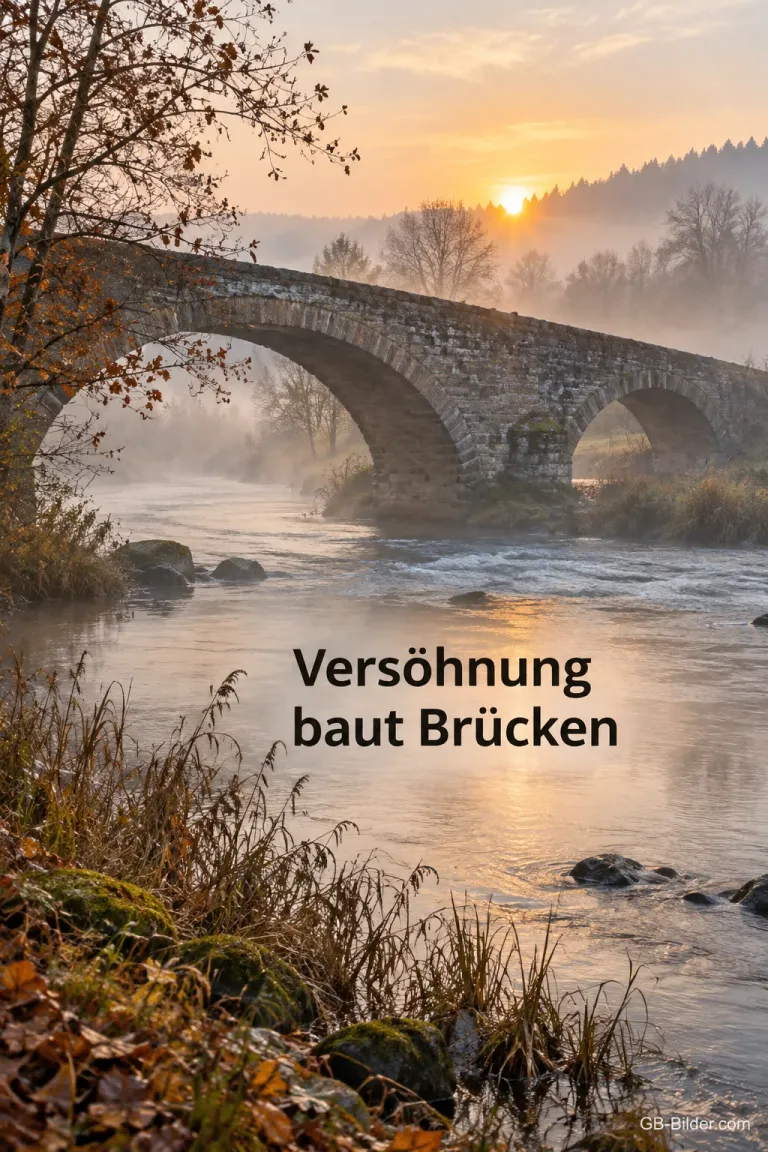 Eine alte Steinbrücke spannt sich bei Sonnenaufgang über einen nebligen Fluss, Text: Versöhnung baut Brücken