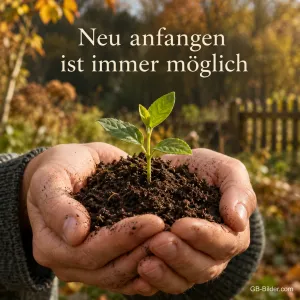 Zwei Hände halten dunkle Erde mit einem kleinen grünen Keimling, Text: Neu anfangen ist immer möglich