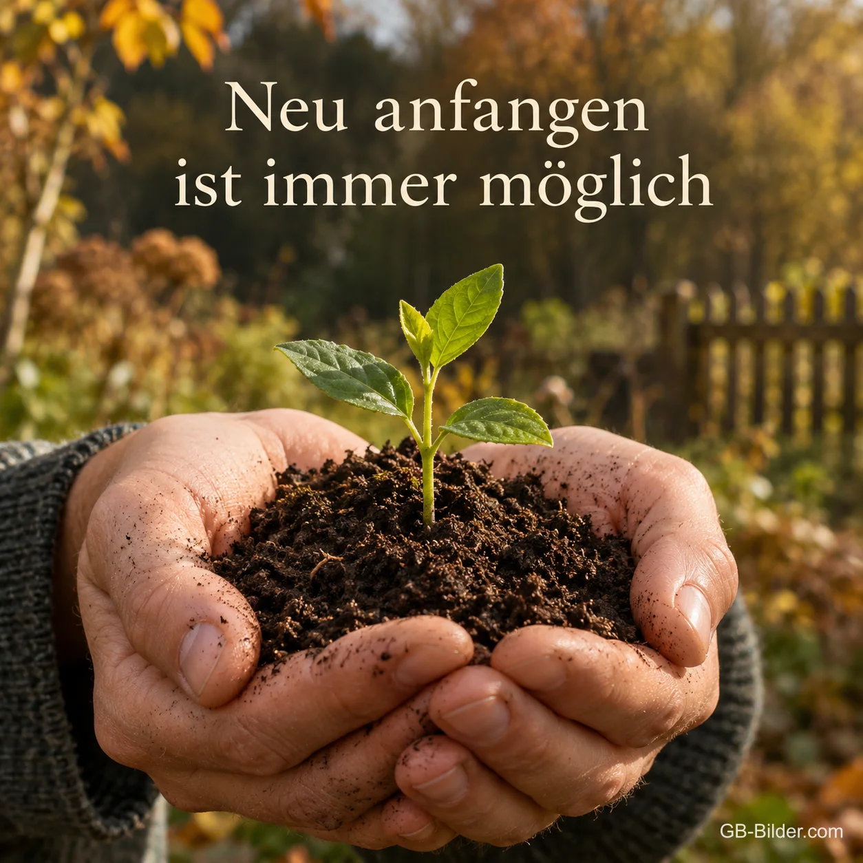Zwei Hände halten dunkle Erde mit einem kleinen grünen Keimling, Text: Neu anfangen ist immer möglich Zwei Hände halten dunkle Erde mit einem kleinen grünen Keimling, Text: Neu anfangen ist immer möglich