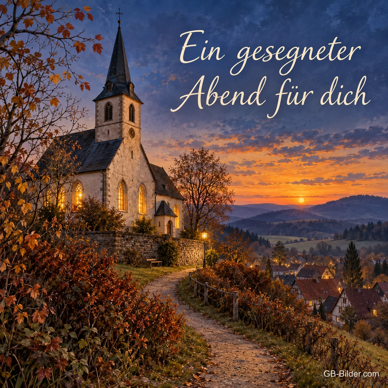 Eine Kirche auf einem Hügel leuchtet am Abend mit warmen Fenstern über einem Dorf in Thüringen, Text: Ein gesegneter Abend für dich Eine Kirche auf einem Hügel leuchtet am Abend mit warmen Fenstern über einem Dorf in Thüringen, Text: Ein gesegneter Abend für dich