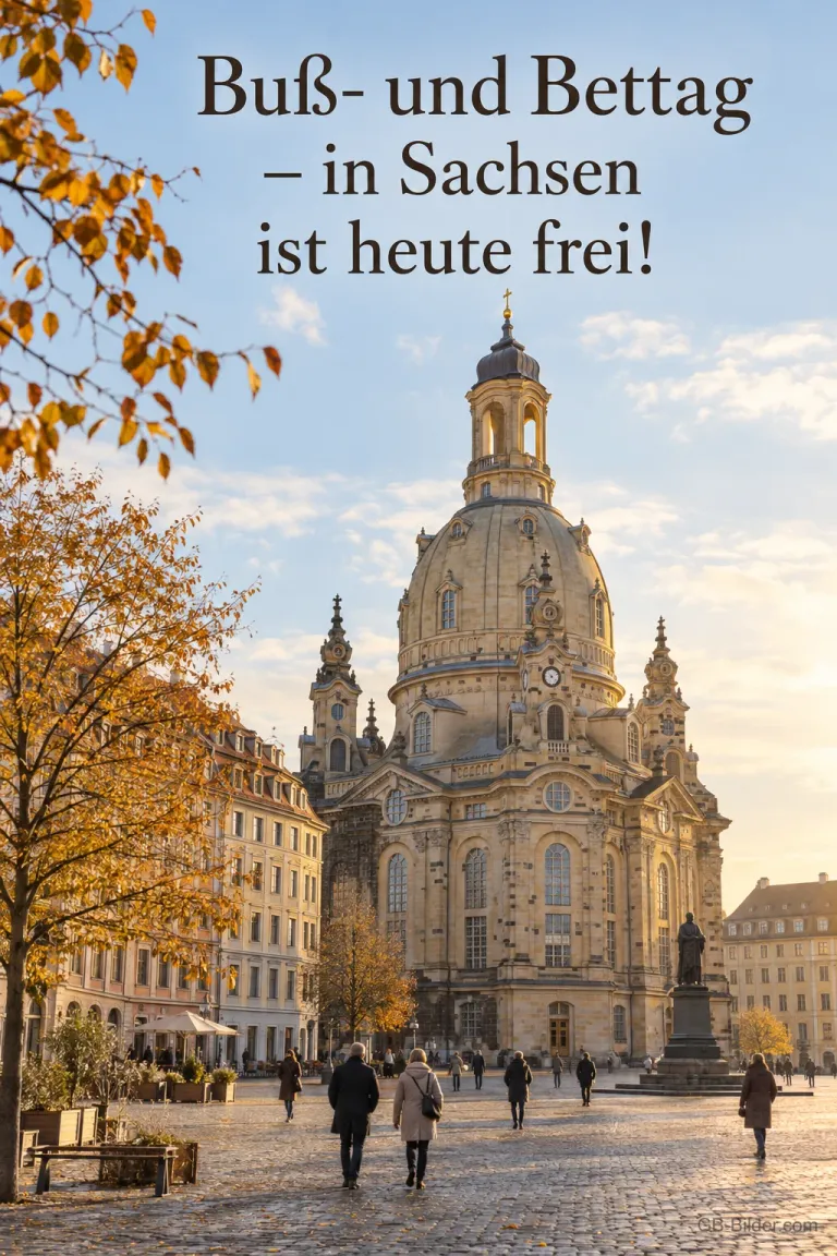Die Dresdner Frauenkirche leuchtet in der Morgensonne über dem herbstlichen Neumarkt, Text: Buß- und Bettag – in Sachsen ist heute frei!