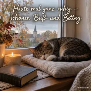 Eine Katze schläft friedlich auf einem Kissen am Fenster neben einer Kerze und einem Gesangbuch, Text: Heute mal ganz ruhig – schönen Buß- und Bettag