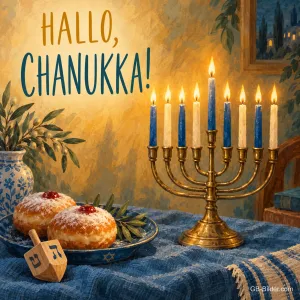Brennender Chanukka-Leuchter mit Krapfen und Dreidel, Text: Hallo, Chanukka!