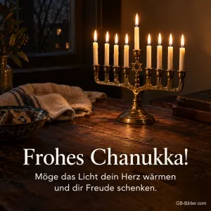 Chanukka-Leuchter mit brennenden Kerzen, Text: Frohes Chanukka! Möge das Licht dein Herz wärmen.