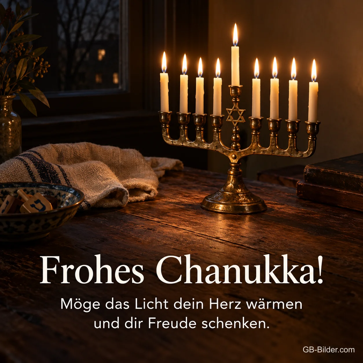 Chanukka-Leuchter mit brennenden Kerzen, Text: Frohes Chanukka! Möge das Licht dein Herz wärmen. Chanukka-Leuchter mit brennenden Kerzen, Text: Frohes Chanukka! Möge das Licht dein Herz wärmen.