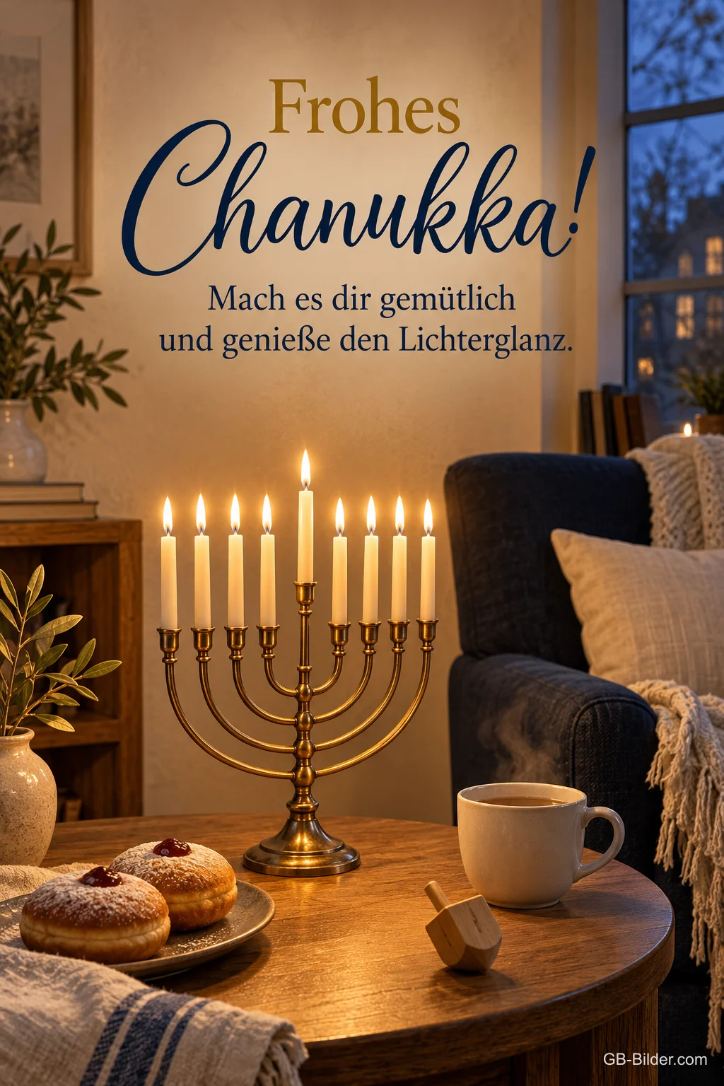 Chanukka-Leuchter mit Krapfen im Wohnzimmer, Text: Frohes Chanukka! Mach es dir gemütlich. Chanukka-Leuchter mit Krapfen im Wohnzimmer, Text: Frohes Chanukka! Mach es dir gemütlich.