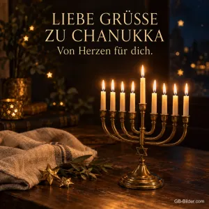 Chanukka-Leuchter mit brennenden Kerzen am Abend, Text: Liebe Grüße zu Chanukka – Von Herzen für dich.
