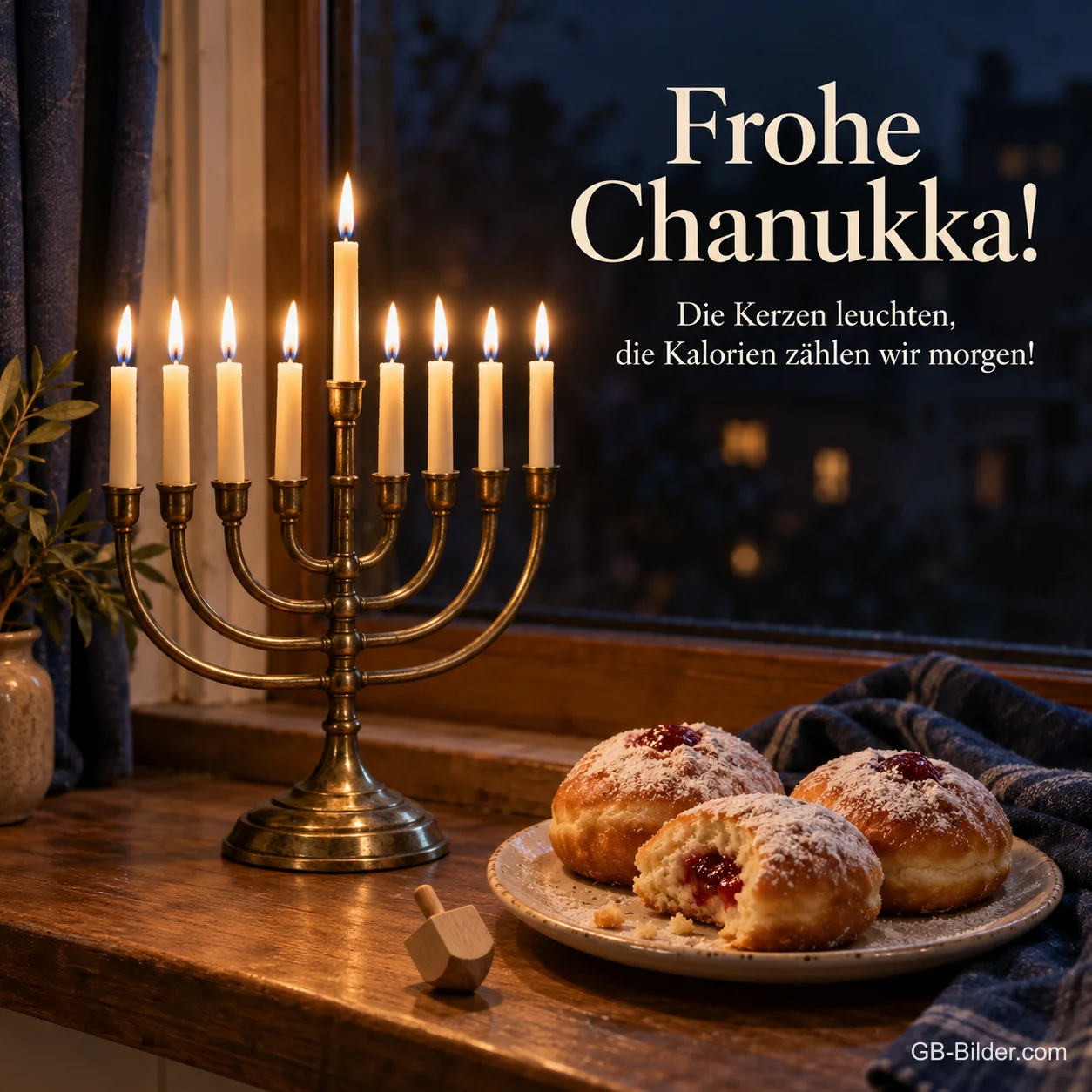Chanukka-Leuchter und Krapfen am Fenster, Text: Frohe Chanukka! Die Kerzen leuchten, die Kalorien zählen wir morgen! Chanukka-Leuchter und Krapfen am Fenster, Text: Frohe Chanukka! Die Kerzen leuchten, die Kalorien zählen wir morgen!