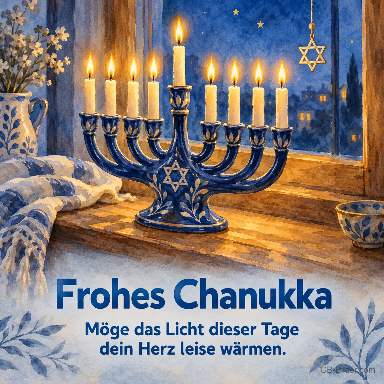 Blau bemalter Chanukka-Leuchter am Fenster, Text: Frohes Chanukka – Möge das Licht dieser Tage dein Herz leise wärmen. Blau bemalter Chanukka-Leuchter am Fenster, Text: Frohes Chanukka – Möge das Licht dieser Tage dein Herz leise wärmen.