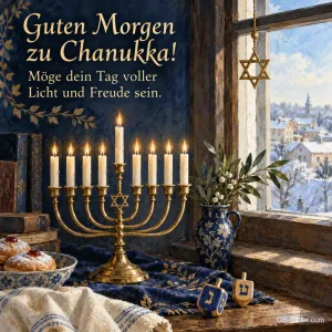 Chanukka-Leuchter vor einem Winterfenster, Text: Guten Morgen zu Chanukka!