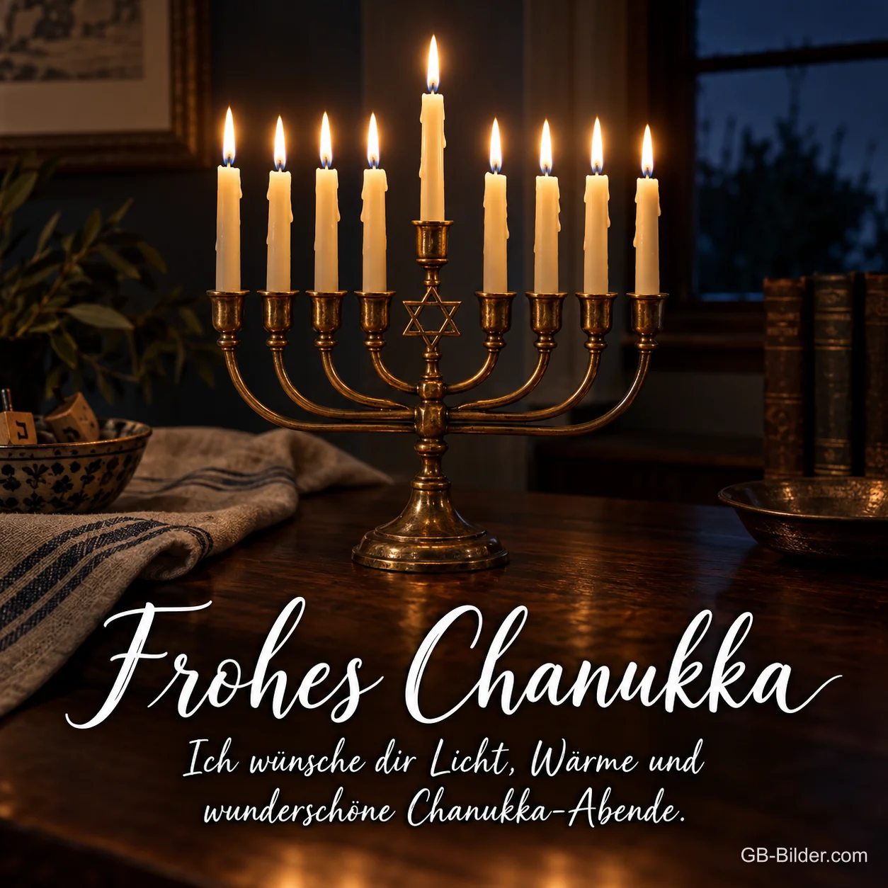 Chanukka-Leuchter mit Kerzen im dunklen Zimmer, Text: Frohes Chanukka – Ich wünsche dir Licht und Wärme. Chanukka-Leuchter mit Kerzen im dunklen Zimmer, Text: Frohes Chanukka – Ich wünsche dir Licht und Wärme.