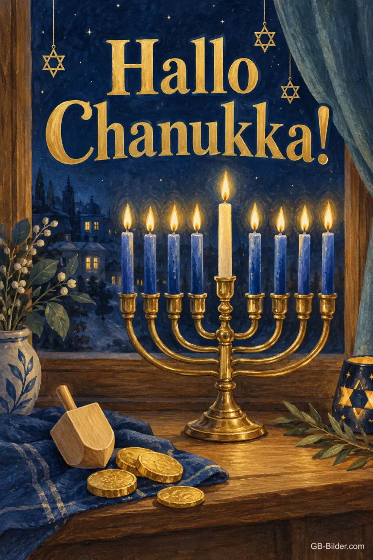 Chanukka-Leuchter am Fenster mit Dreidel, Text: Hallo Chanukka!