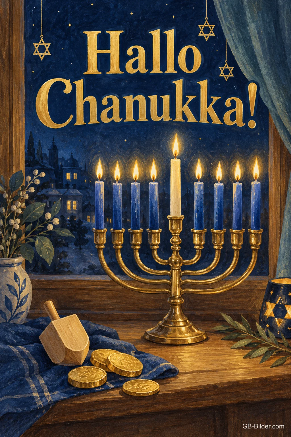 Chanukka-Leuchter am Fenster mit Dreidel, Text: Hallo Chanukka! Chanukka-Leuchter am Fenster mit Dreidel, Text: Hallo Chanukka!