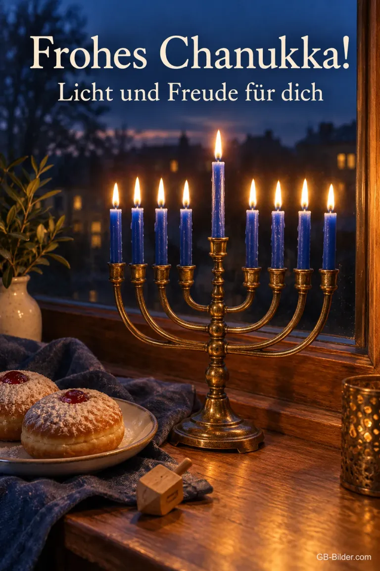 Chanukka-Leuchter mit blauen Kerzen und Krapfen, Text: Frohes Chanukka! Licht und Freude für dich