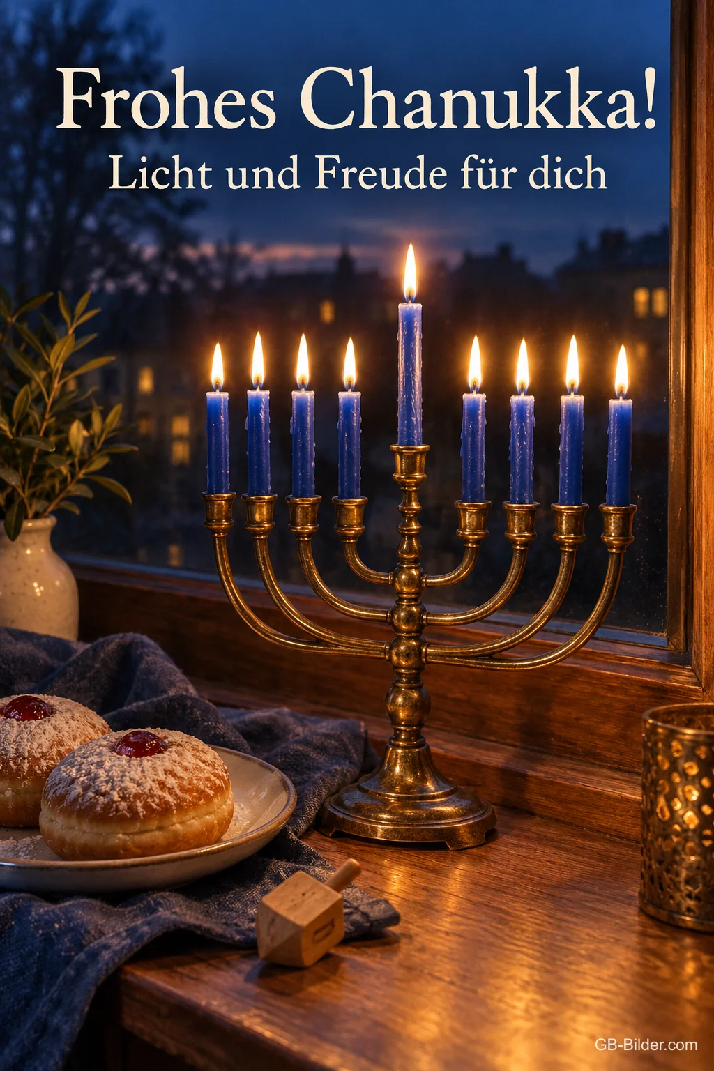 Chanukka-Leuchter mit blauen Kerzen und Krapfen, Text: Frohes Chanukka! Licht und Freude für dich Chanukka-Leuchter mit blauen Kerzen und Krapfen, Text: Frohes Chanukka! Licht und Freude für dich