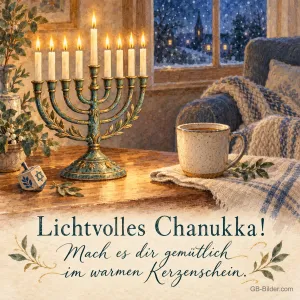 Chanukka-Leuchter und Tasse am Winterfenster, Text: Lichtvolles Chanukka!