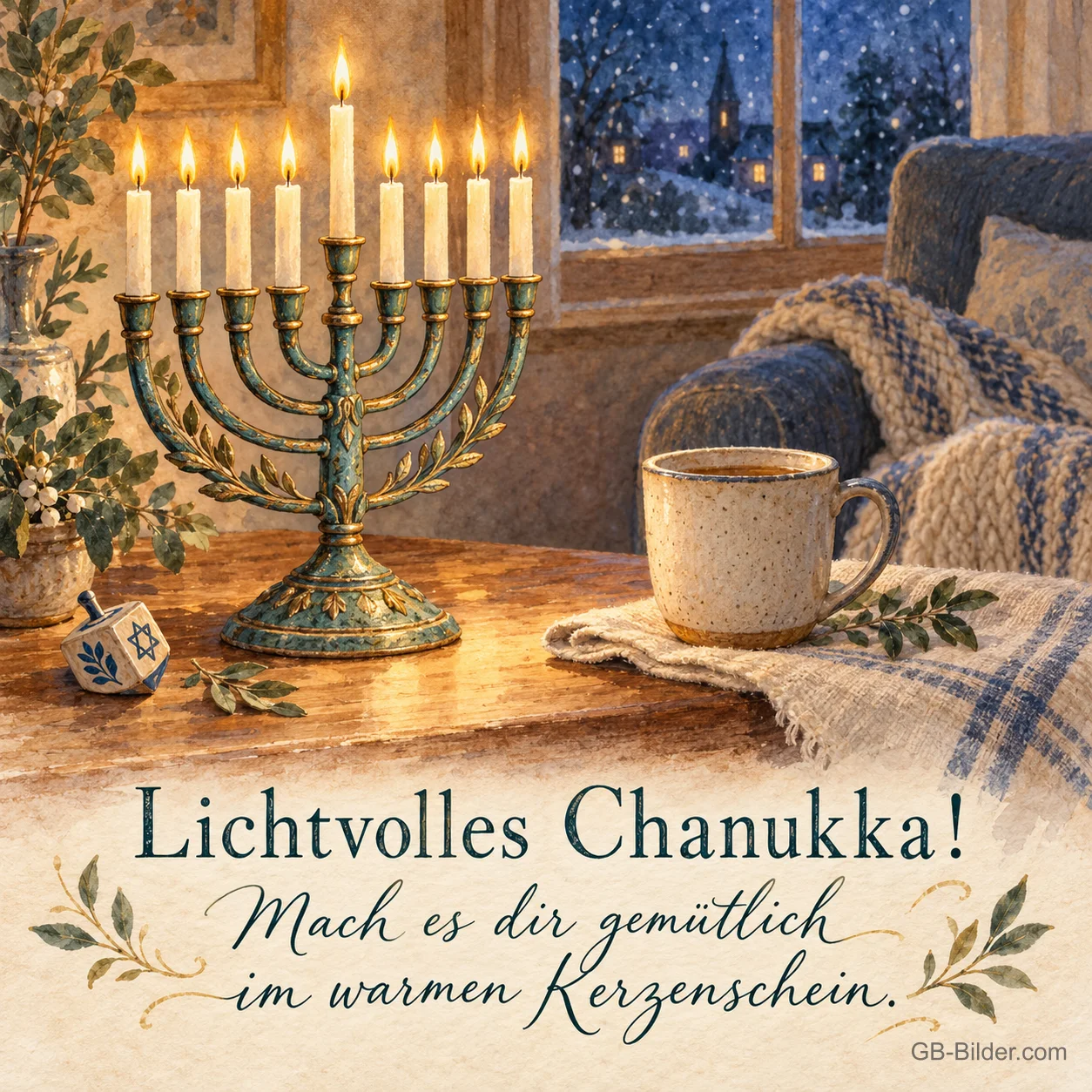 Chanukka-Leuchter und Tasse am Winterfenster, Text: Lichtvolles Chanukka! Chanukka-Leuchter und Tasse am Winterfenster, Text: Lichtvolles Chanukka!