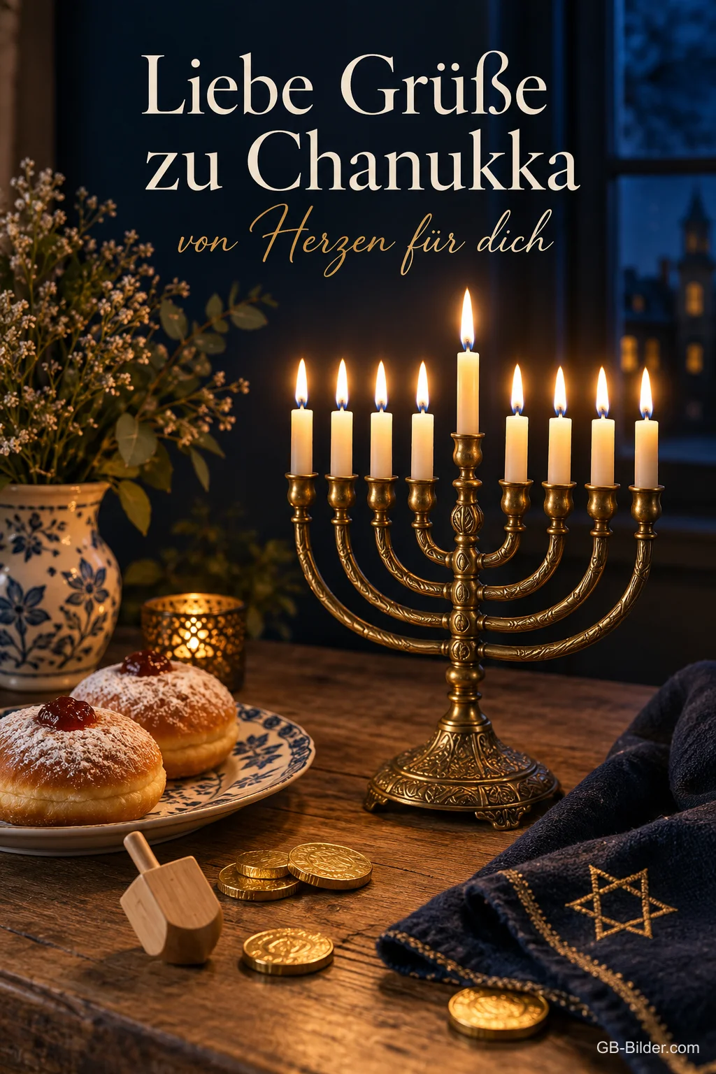 Chanukka-Leuchter mit Krapfen und Münzen, Text: Liebe Grüße zu Chanukka – von Herzen für dich Chanukka-Leuchter mit Krapfen und Münzen, Text: Liebe Grüße zu Chanukka – von Herzen für dich