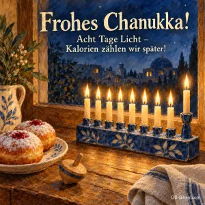 Blau-weißer Kerzenhalter mit Krapfen am Fenster, Text: Frohes Chanukka! Acht Tage Licht – Kalorien zählen wir später!