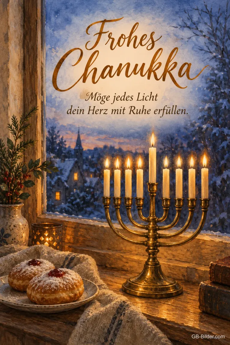 Chanukka-Leuchter am verschneiten Fenster, Text: Frohes Chanukka – Möge jedes Licht dein Herz mit Ruhe erfüllen.