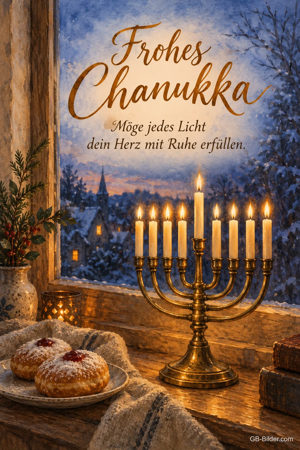 Chanukka-Leuchter am verschneiten Fenster, Text: Frohes Chanukka – Möge jedes Licht dein Herz mit Ruhe erfüllen. Chanukka-Leuchter am verschneiten Fenster, Text: Frohes Chanukka – Möge jedes Licht dein Herz mit Ruhe erfüllen.
