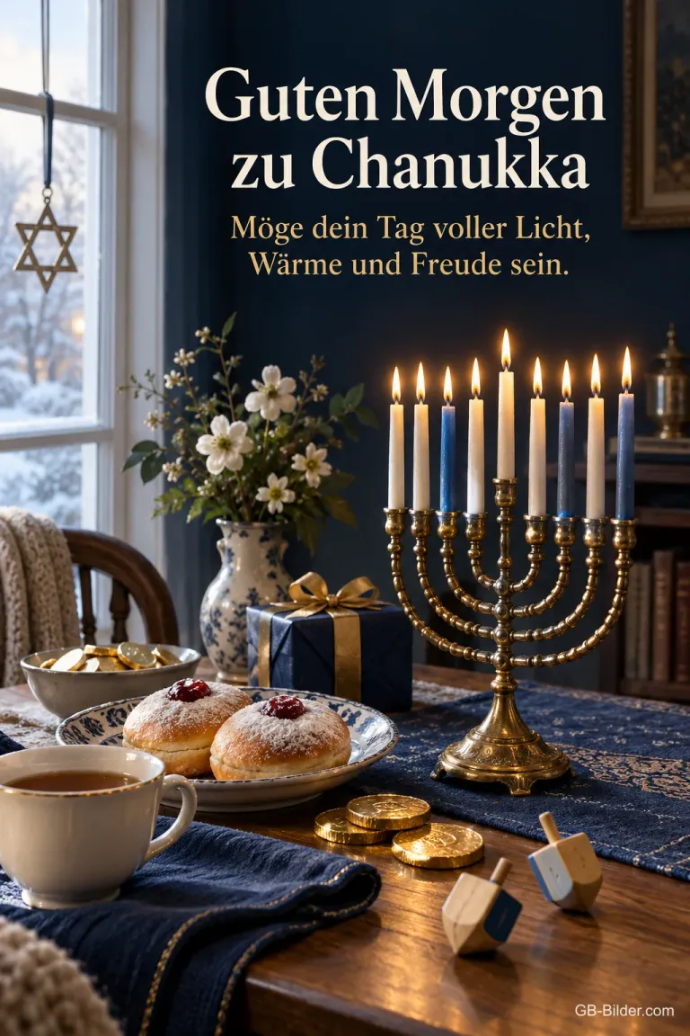 Frühstückstisch mit Chanukka-Leuchter und Krapfen, Text: Guten Morgen zu Chanukka