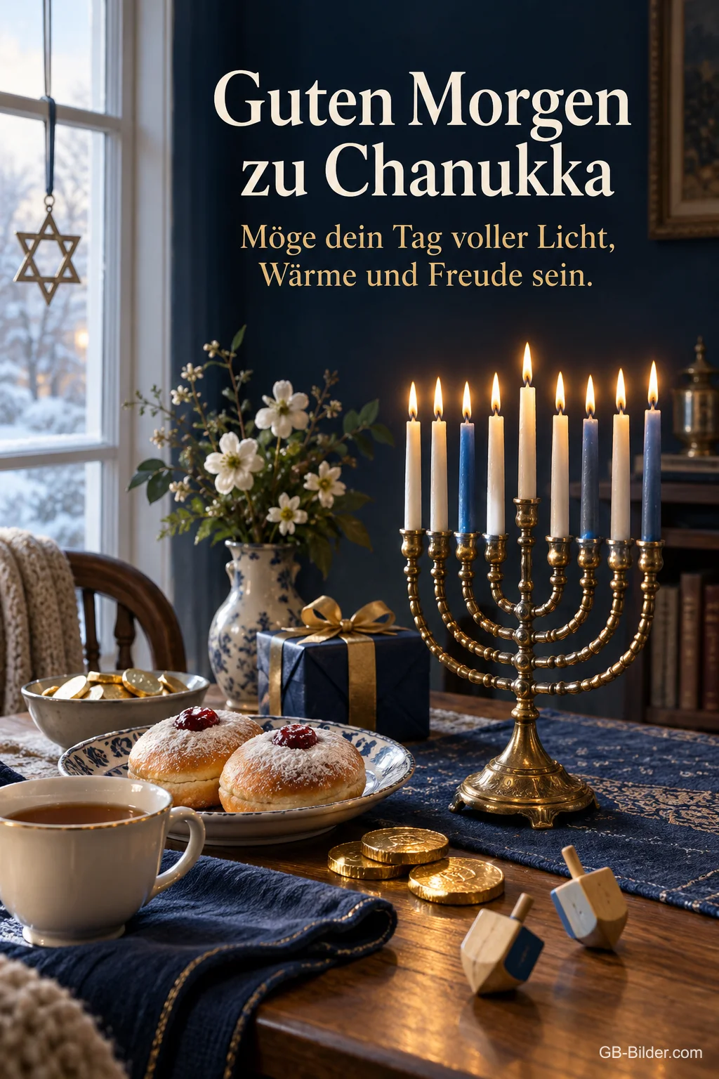 Frühstückstisch mit Chanukka-Leuchter und Krapfen, Text: Guten Morgen zu Chanukka Frühstückstisch mit Chanukka-Leuchter und Krapfen, Text: Guten Morgen zu Chanukka