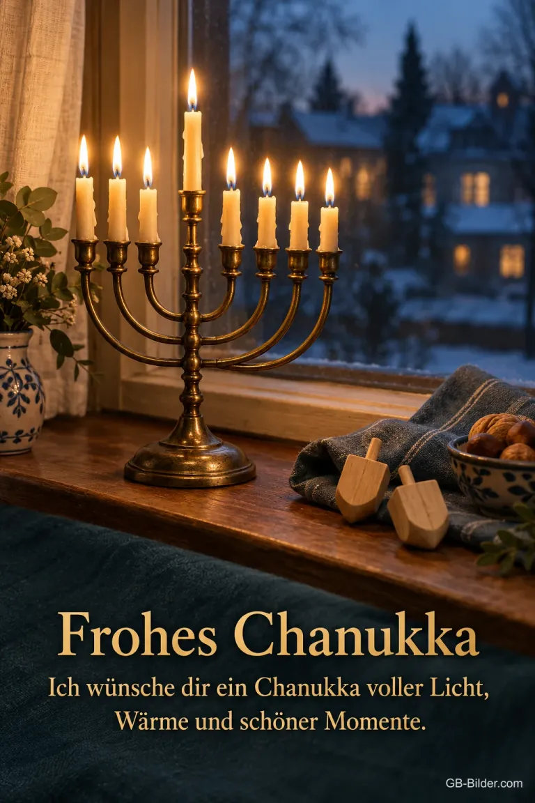 Chanukka-Leuchter am Fenster vor verschneitem Dorf, Text: Frohes Chanukka