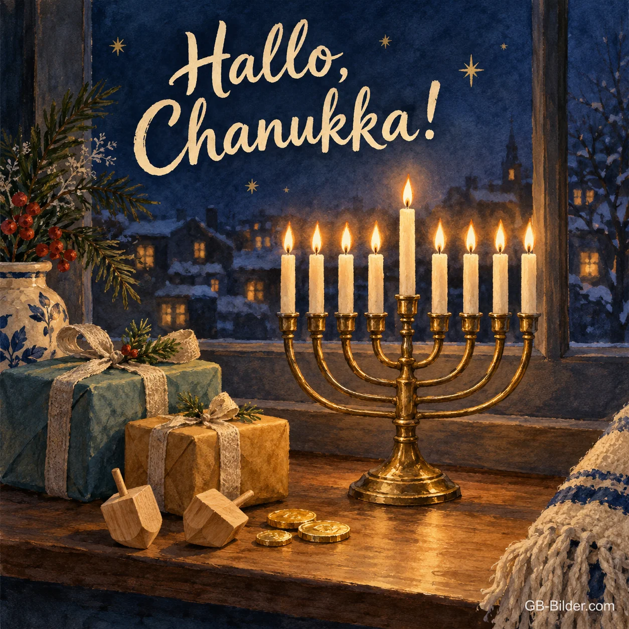 Chanukka-Leuchter mit Geschenken und Dreideln, Text: Hallo, Chanukka! Chanukka-Leuchter mit Geschenken und Dreideln, Text: Hallo, Chanukka!