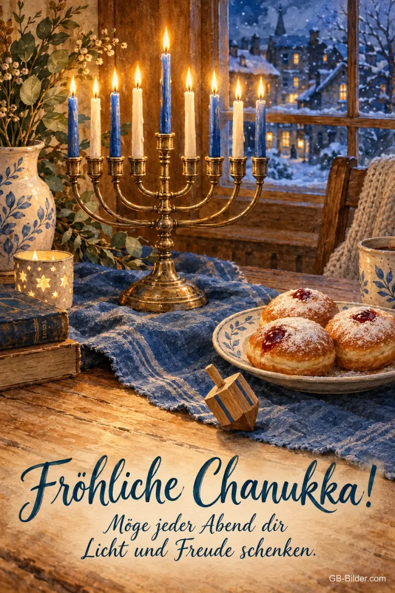 Chanukka-Leuchter mit blauen Kerzen und Krapfen, Text: Fröhliche Chanukka!