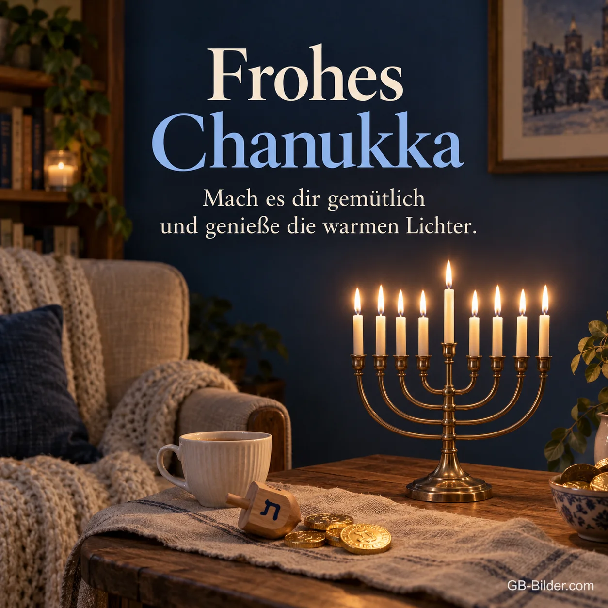Chanukka-Leuchter mit Teetasse im Wohnzimmer, Text: Frohes Chanukka Chanukka-Leuchter mit Teetasse im Wohnzimmer, Text: Frohes Chanukka