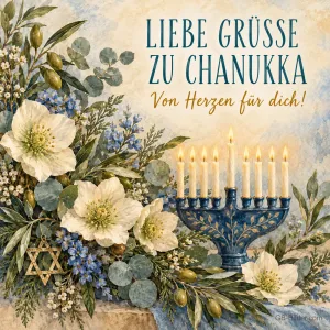 Blauer Chanukka-Leuchter zwischen weißen Blüten, Text: Liebe Grüße zu Chanukka – Von Herzen für dich!