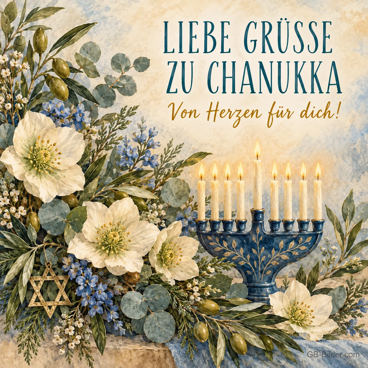 Blauer Chanukka-Leuchter zwischen weißen Blüten, Text: Liebe Grüße zu Chanukka – Von Herzen für dich! Blauer Chanukka-Leuchter zwischen weißen Blüten, Text: Liebe Grüße zu Chanukka – Von Herzen für dich!