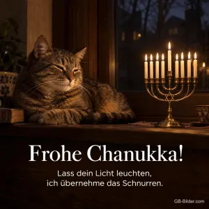 Dösende Katze neben einem Chanukka-Leuchter, Text: Frohe Chanukka! Lass dein Licht leuchten, ich übernehme das Schnurren.