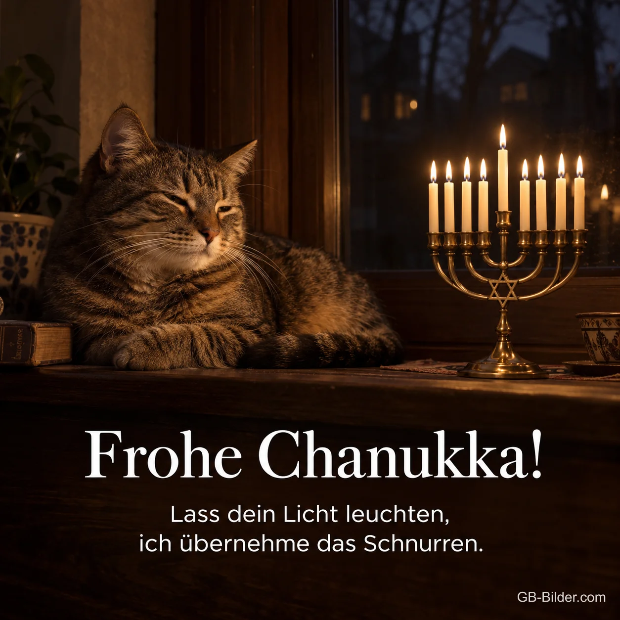 Dösende Katze neben einem Chanukka-Leuchter, Text: Frohe Chanukka! Lass dein Licht leuchten, ich übernehme das Schnurren. Dösende Katze neben einem Chanukka-Leuchter, Text: Frohe Chanukka! Lass dein Licht leuchten, ich übernehme das Schnurren.