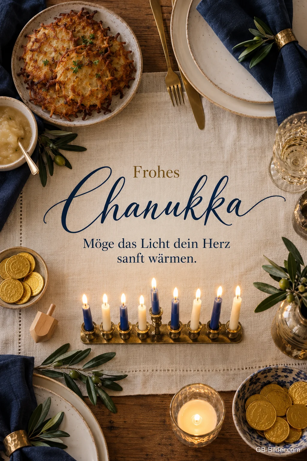 Festlicher Tisch mit Kartoffelpuffern und Kerzen von oben, Text: Frohes Chanukka Festlicher Tisch mit Kartoffelpuffern und Kerzen von oben, Text: Frohes Chanukka