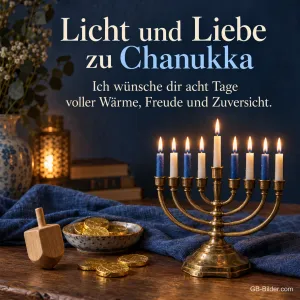 Chanukka-Leuchter mit Dreidel und Münzen, Text: Licht und Liebe zu Chanukka