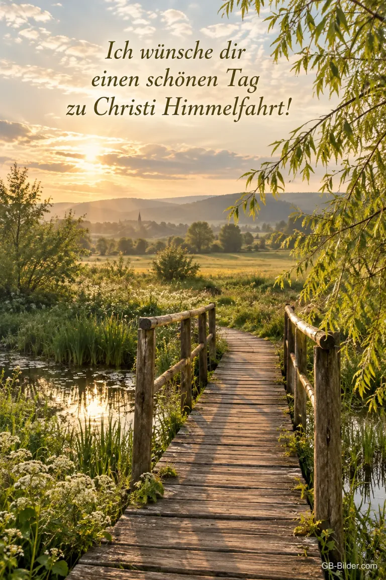 Holzsteg durch eine Wiese im Morgenlicht, Text: Ich wünsche dir einen schönen Tag – zu Christi Himmelfahrt!