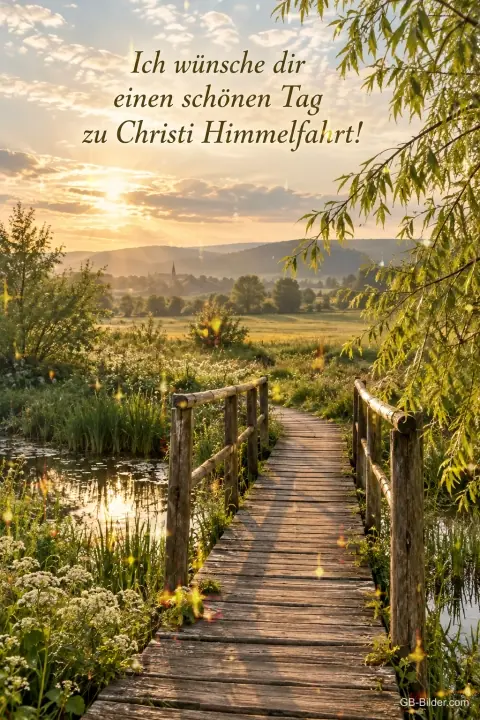 Holzsteg durch eine Wiese im Morgenlicht, Text: Ich wünsche dir einen schönen Tag – zu Christi Himmelfahrt!